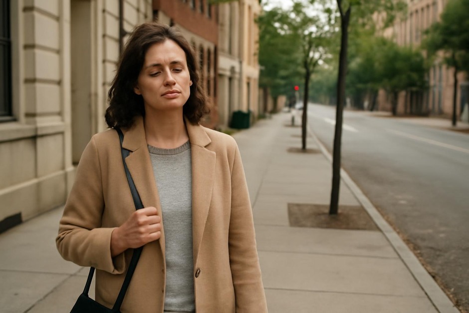 Person pausing on a quiet city street during a short walk